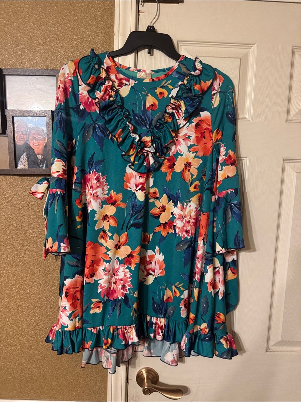 Women’s Teal Floral Ruffle Swing Top